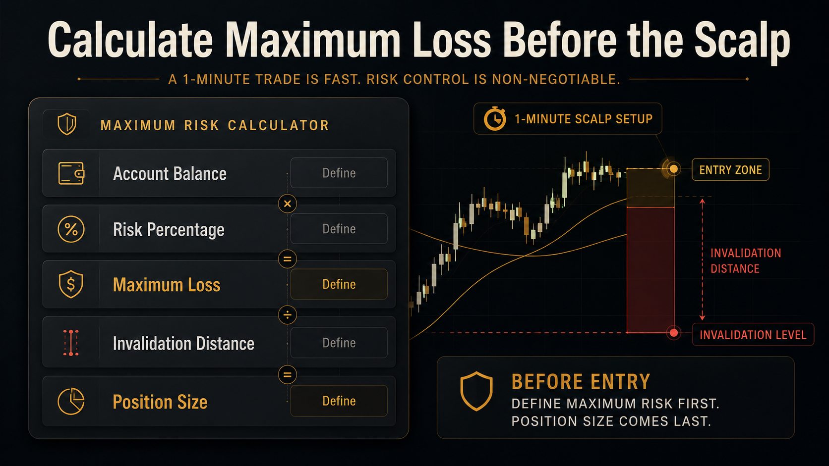 Maximum risk calculator for a 1-minute crypto scalping strategy showing account balance, risk percentage, maximum loss, and position sizing before entry.