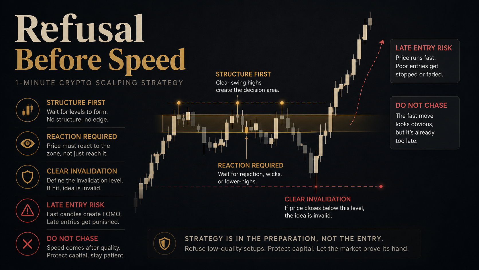1-minute crypto scalping strategy cover image showing refusal before speed, with structure, reaction, invalidation, and late-entry risk.