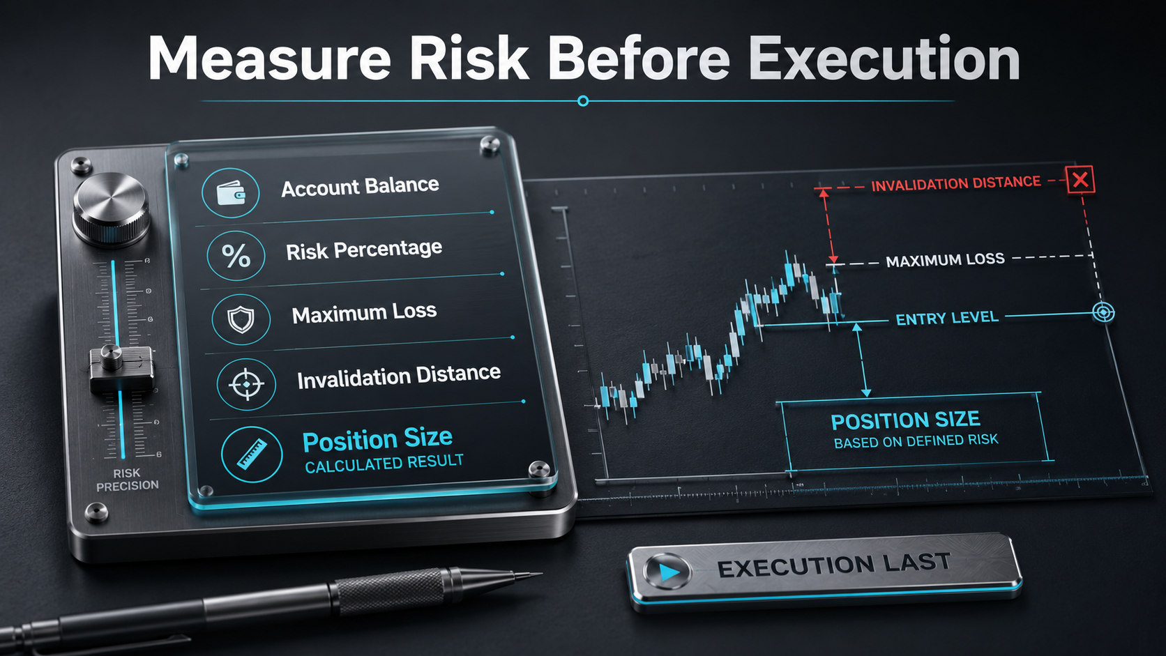 Calculate Maximum Loss Before Execution maximum risk calculator for a 5-minute crypto scalping strategy showing account balance, risk percentage, maximum loss, invalidation distance, and position size before execution.