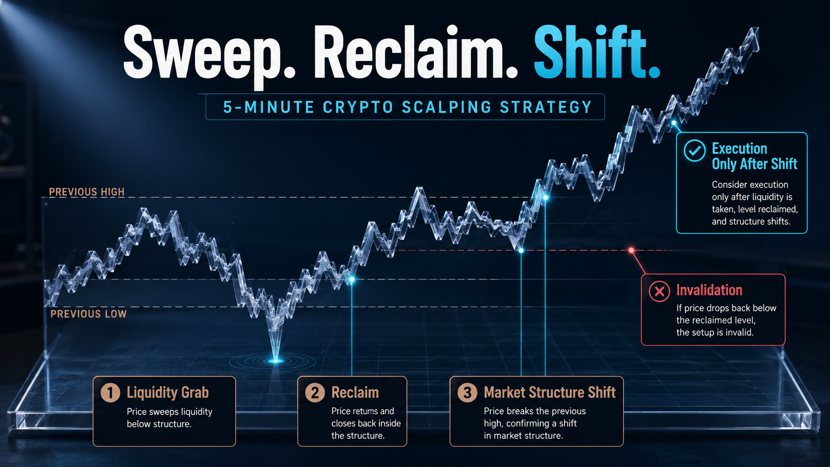 Liquidity Grab and Market Structure Shift 5-minute crypto scalping strategy image showing liquidity grab, market structure shift, reaction area, and invalidation before execution.