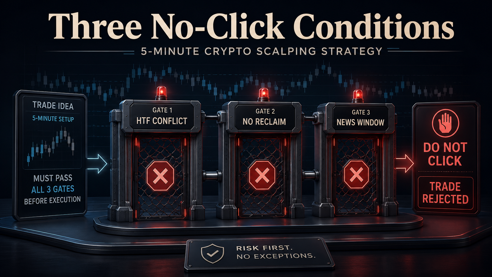 Three No-Click Red Flags 5-minute crypto scalping strategy red flags image showing higher-timeframe conflict, failed liquidity reclaim, and high-impact news window risk.