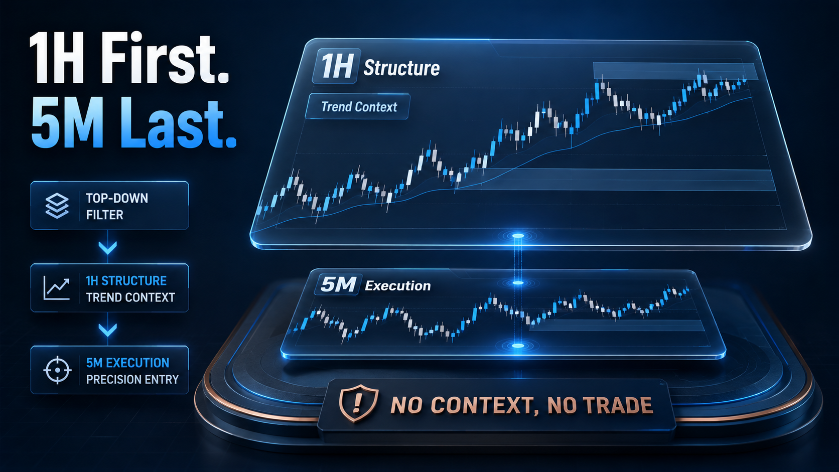 Top-Down Filter Before Execution 5-minute crypto scalping strategy image showing top-down analysis from 1-hour structure to 5-minute execution.