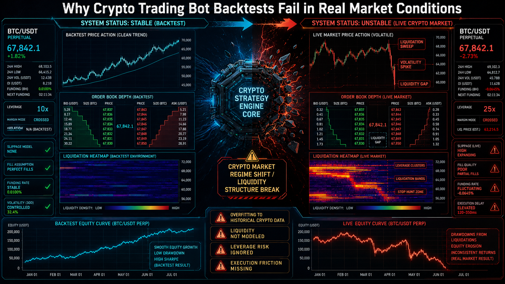 AI crypto bot backtest vs live market reality gap showing clean simulation breaking under real crypto execution conditions