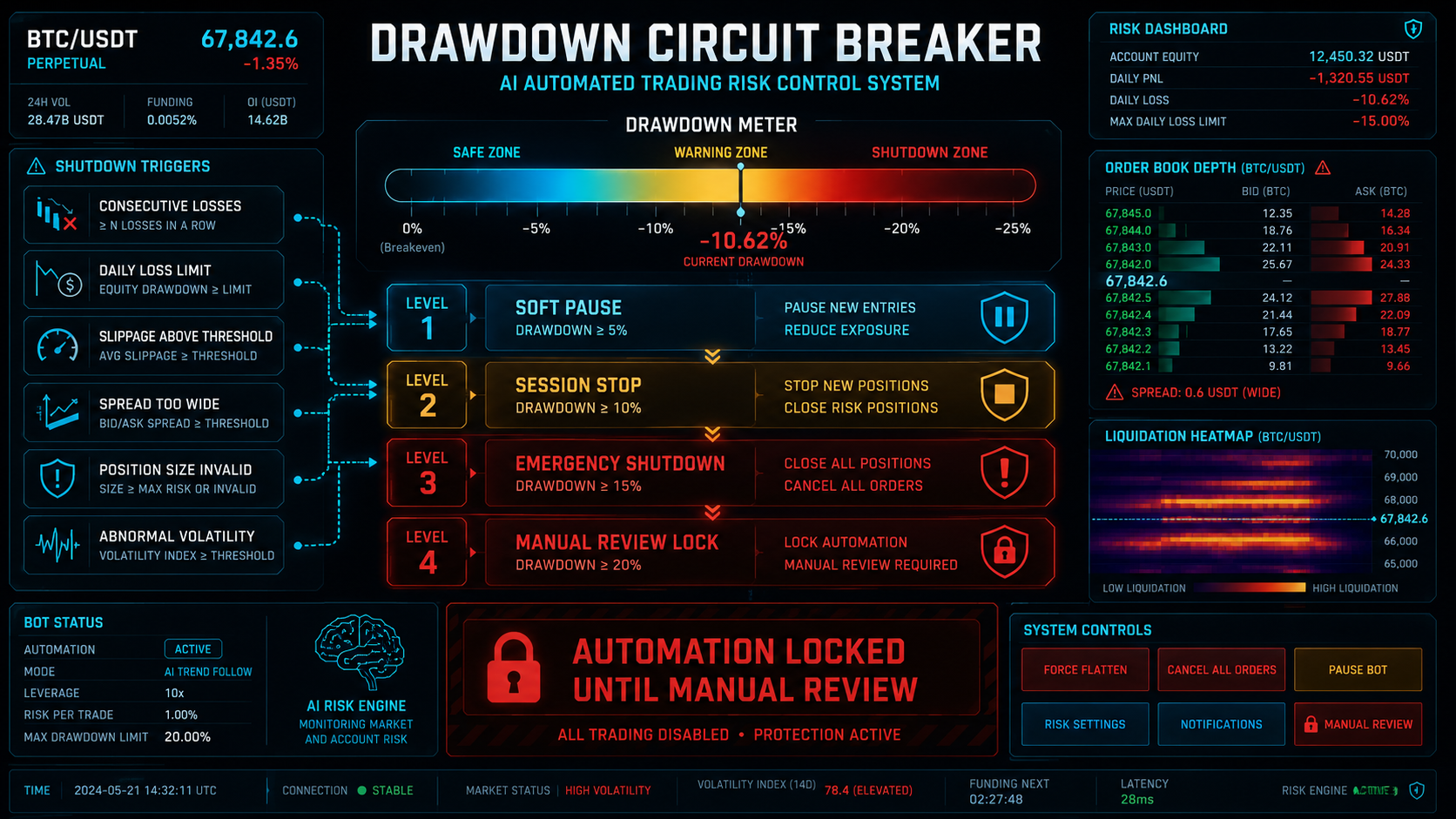 AI Trading Bot Drawdown Circuit Breaker AI trading bot drawdown circuit breaker showing soft pause, session stop, emergency shutdown, risk lock, and manual review before restart