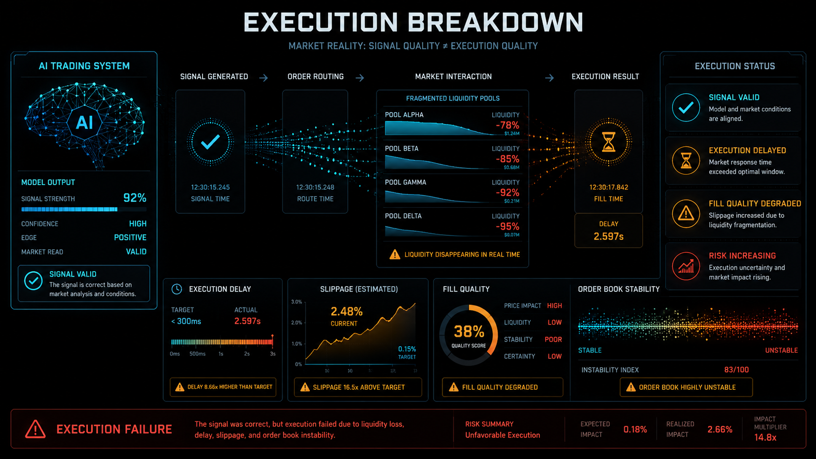 Why AI Trading Bots Lose Money in Crypto Position Size Risk Lock Risk-control dashboard showing volatility, invalidation distance, maximum loss, and position size checks before an automated crypto trading system is allowed to execute
