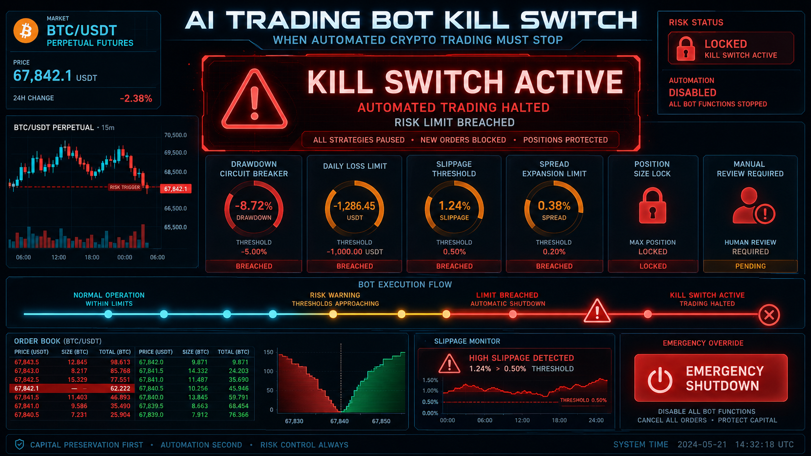 AI Trading Bot Kill Switch Dashboard AI crypto trading bot kill switch dashboard showing emergency shutdown, drawdown circuit breaker, slippage limit, position cap, and manual review lock