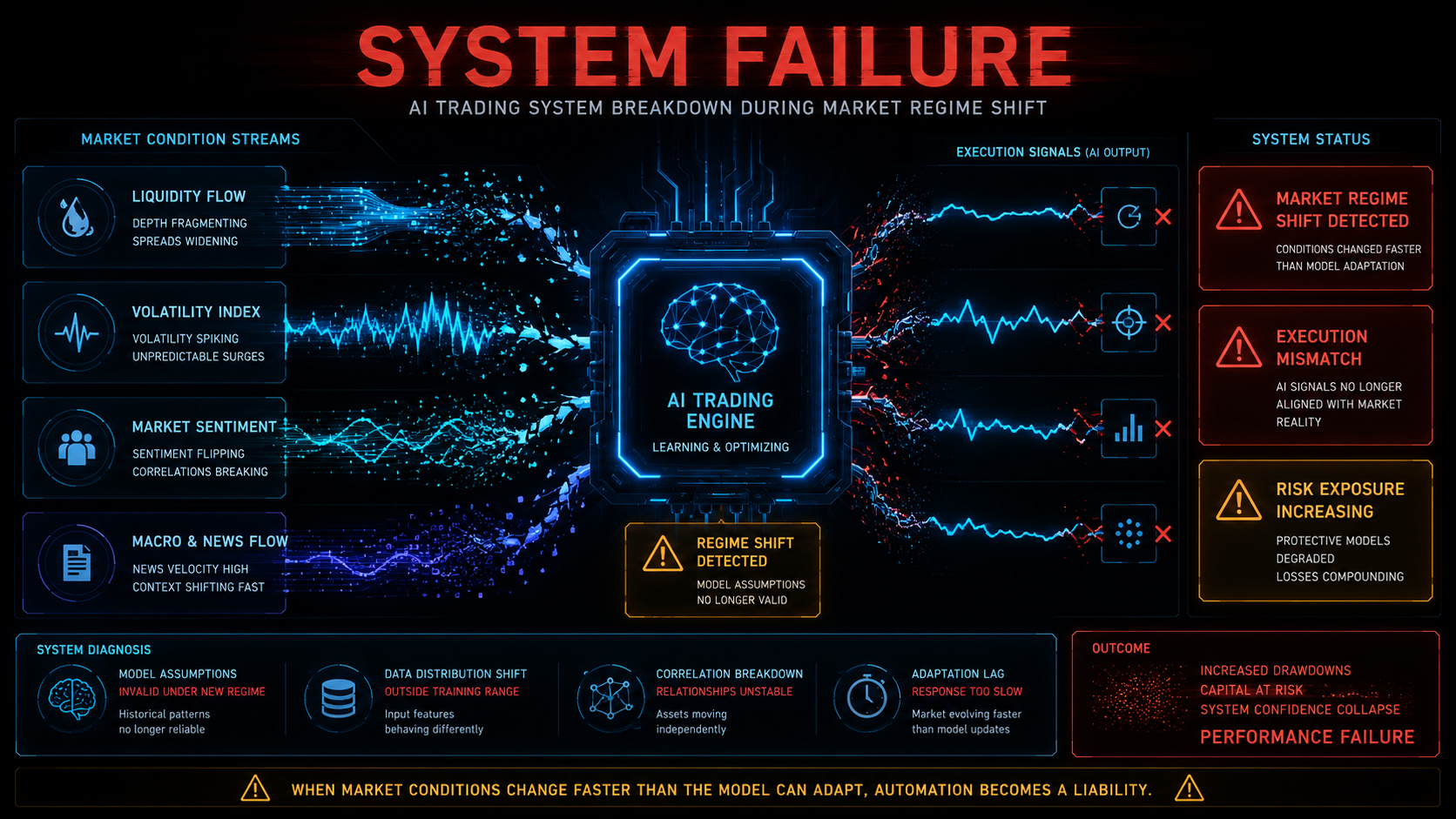 Why AI Trading Bots Lose Money in Crypto Forensic-style diagram showing an AI crypto trading bot executing normally while the surrounding market regime shifts from clean structure into unstable liquidity conditions