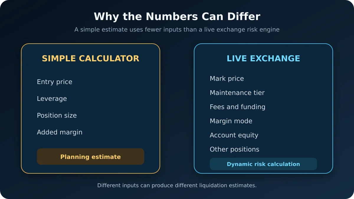 Inputs used by a simple liquidation calculator compared with a live exchange risk engine