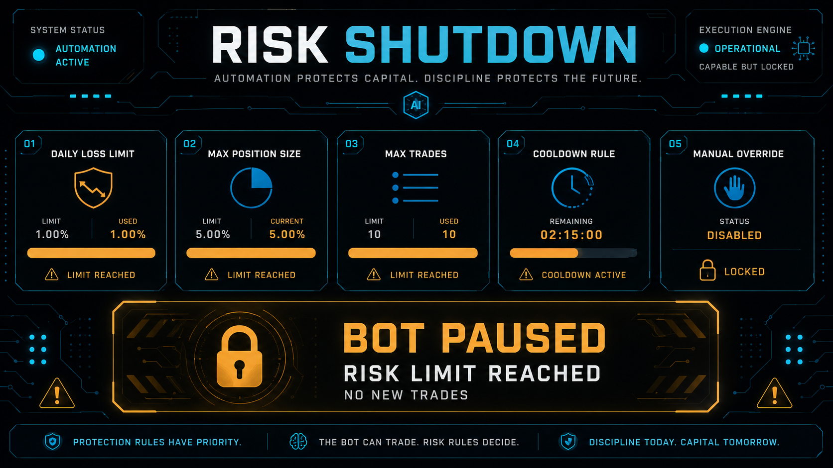 Crypto automated trading risk shutdown panel showing the bot paused after daily loss limit, max trades, position cap, and cooldown protection are triggered.