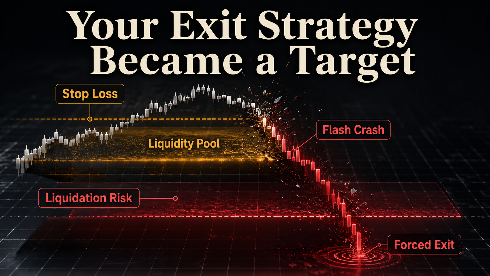 Crypto liquidation vs stop loss image showing a trader expecting a controlled stop loss but facing forced liquidation after a flash crash.