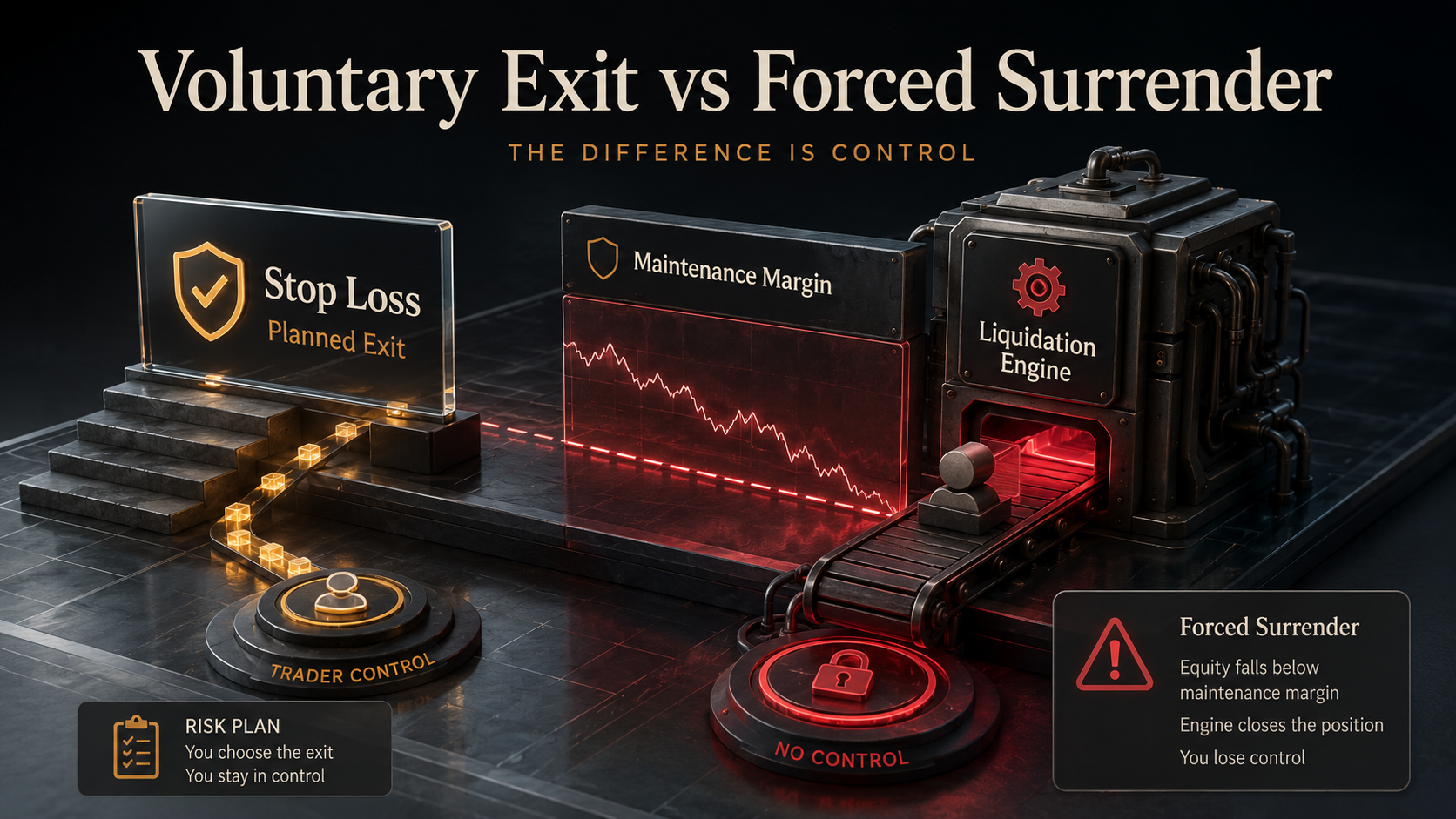 Crypto liquidation vs stop loss diagram showing stop loss as a voluntary exit and liquidation as a forced surrender by the exchange liquidation engine.