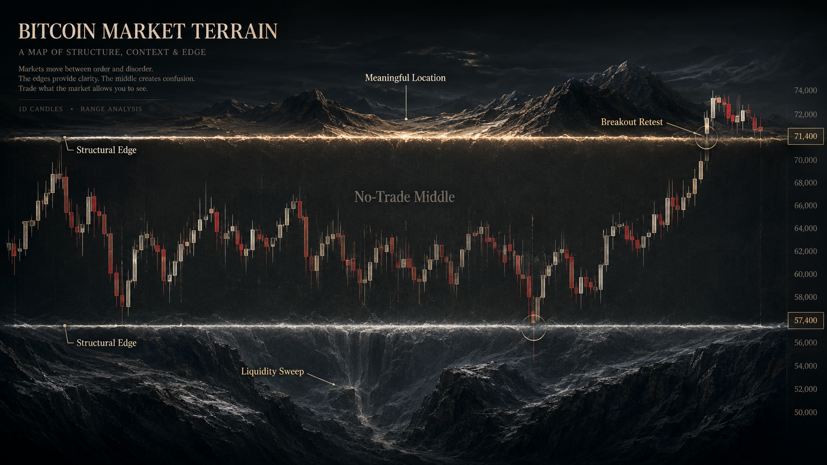 Crypto scalping market-location map showing meaningful range edges and the low-information no-trade middle