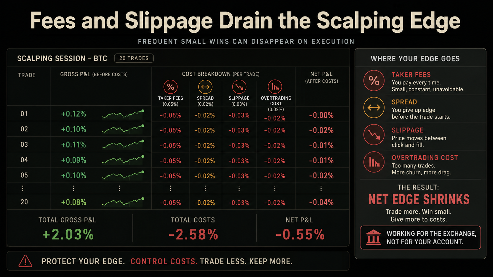 Fees and Slippage Drain the Scalping Edge Crypto scalping tips image showing small wins being reduced by taker fees, spread, slippage, and overtrading cost.