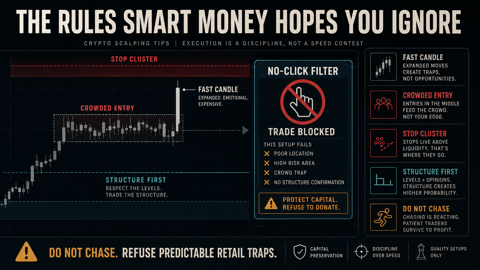 The Rules Smart Money Hopes You Ignore Crypto scalping tips image showing fast candles, crowded retail entries, and a no-click filter before execution.