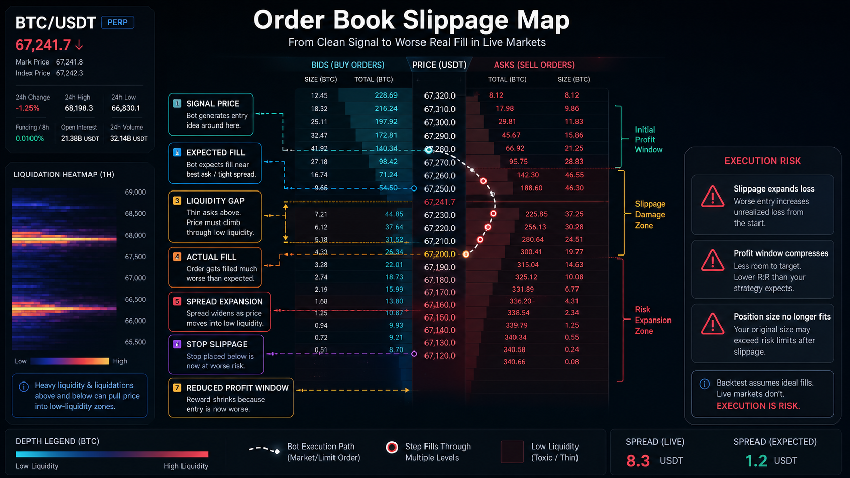 Crypto order book slippage map showing signal price, expected fill, actual fill, liquidity gap, spread expansion, stop slippage, and reduced profit window for AI trading bot execution
