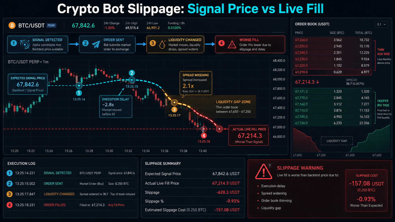 Crypto trading bot slippage dashboard showing AI bot signal price, live fill price, order book gap, spread widening, and execution delay in BTC perpetual futures