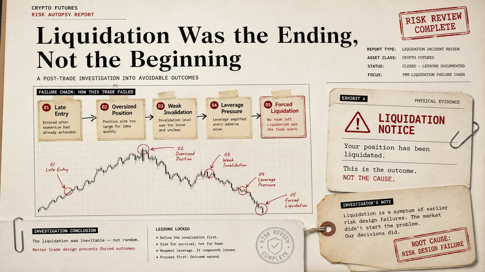 Liquidation Was the Ending, Not the Beginning Got liquidated crypto image showing liquidation as the final result of late entry, oversized position, weak invalidation, and leverage pressure.