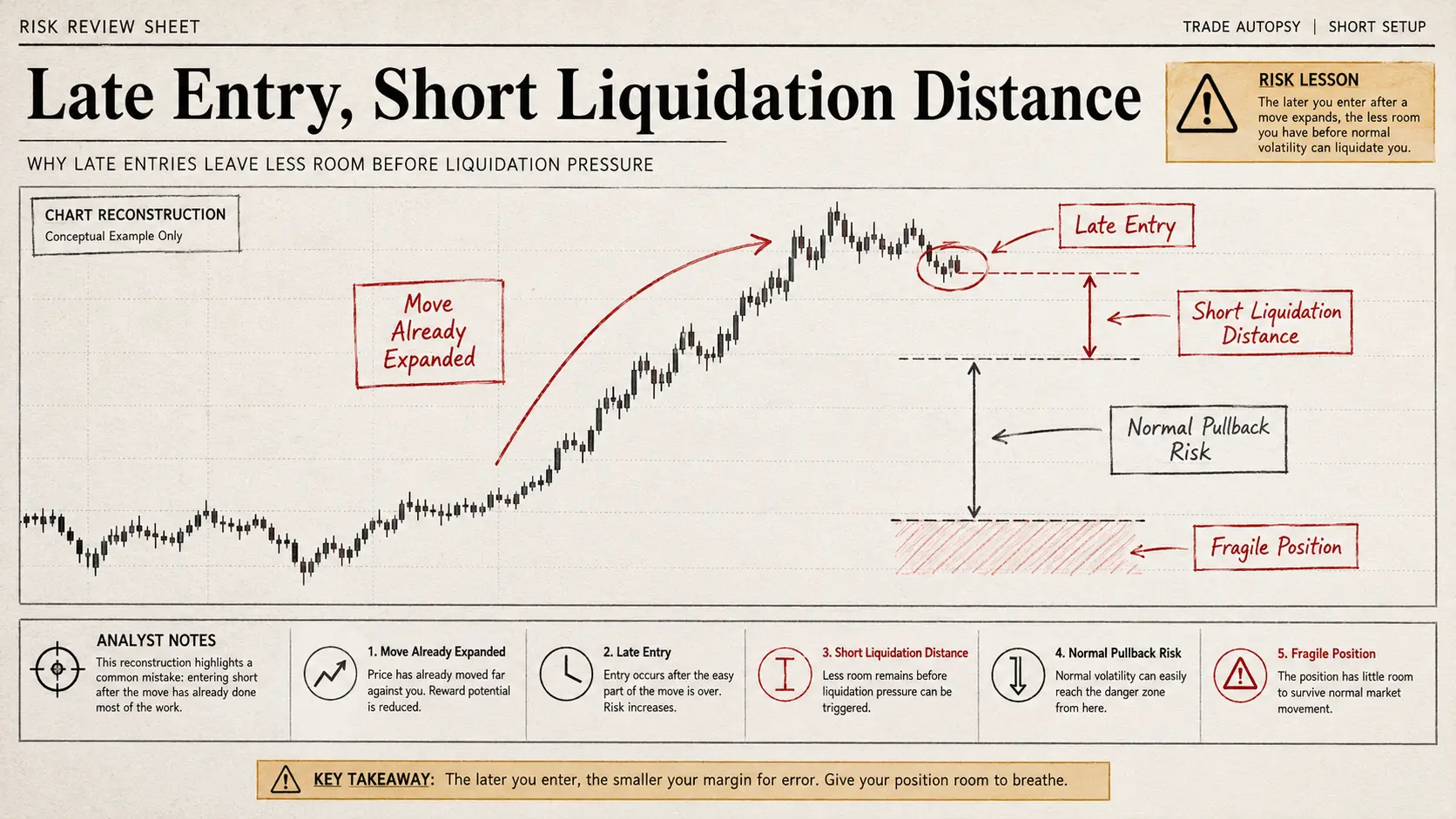 Late Entry, Short Liquidation Distance Got liquidated crypto diagram showing a late entry with short liquidation distance and higher risk of forced exit.