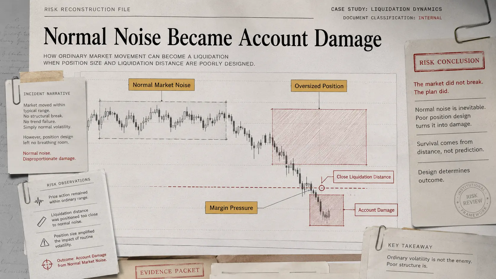 Normal Noise Became Account Damage Got liquidated crypto image showing normal market noise becoming account damage because of oversized position size and close liquidation distance.