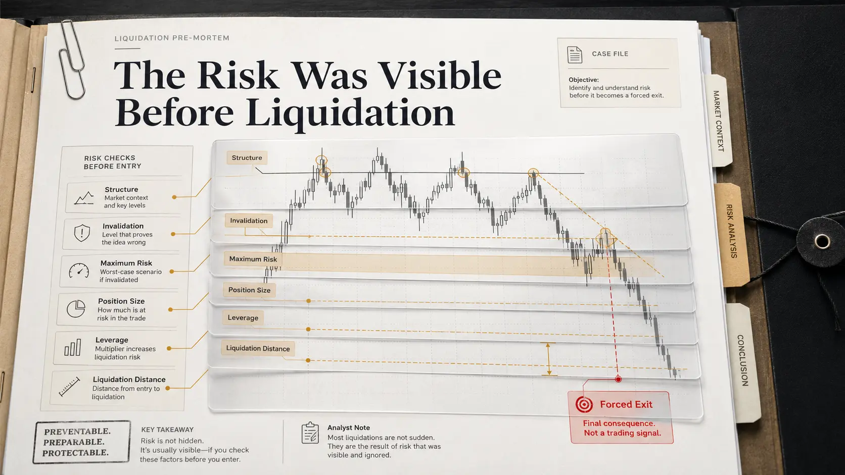 Before Liquidation, the Risk Was Already Visible Got liquidated crypto image showing the risk sequence before liquidation including structure, invalidation, position size, leverage, and liquidation distance.
