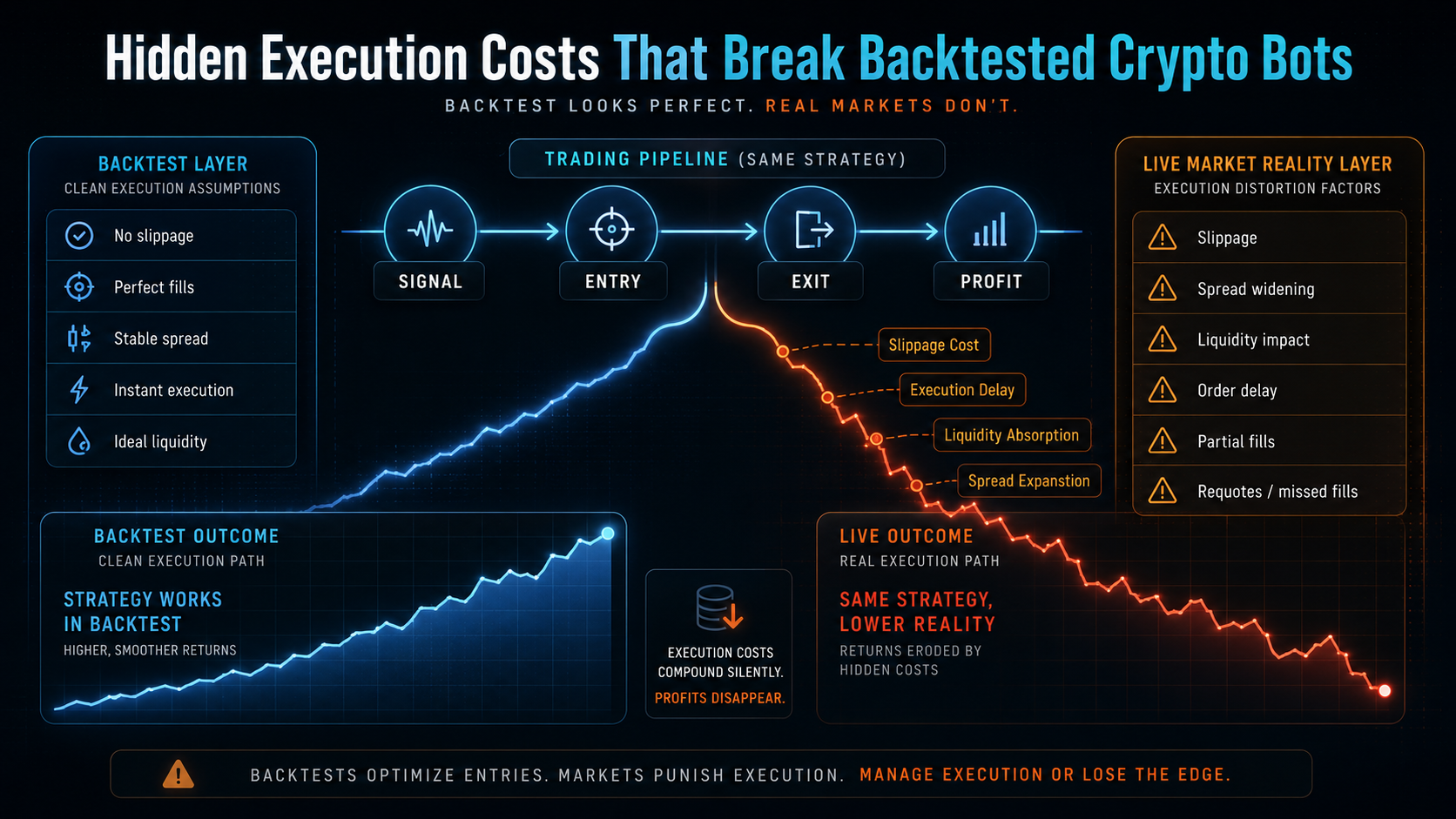 Crypto backtest live deployment risk dashboard showing position size, invalidation distance, leverage risk, execution friction, and live volatility mismatch