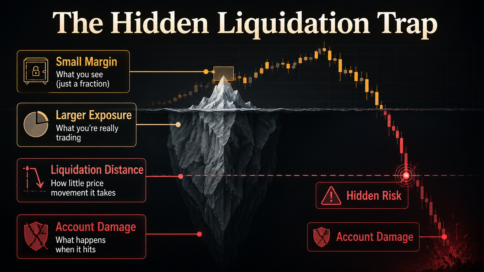 The Hidden Liquidation Trap crypto leverage loss risk image showing small margin hiding larger position exposure and liquidation danger.