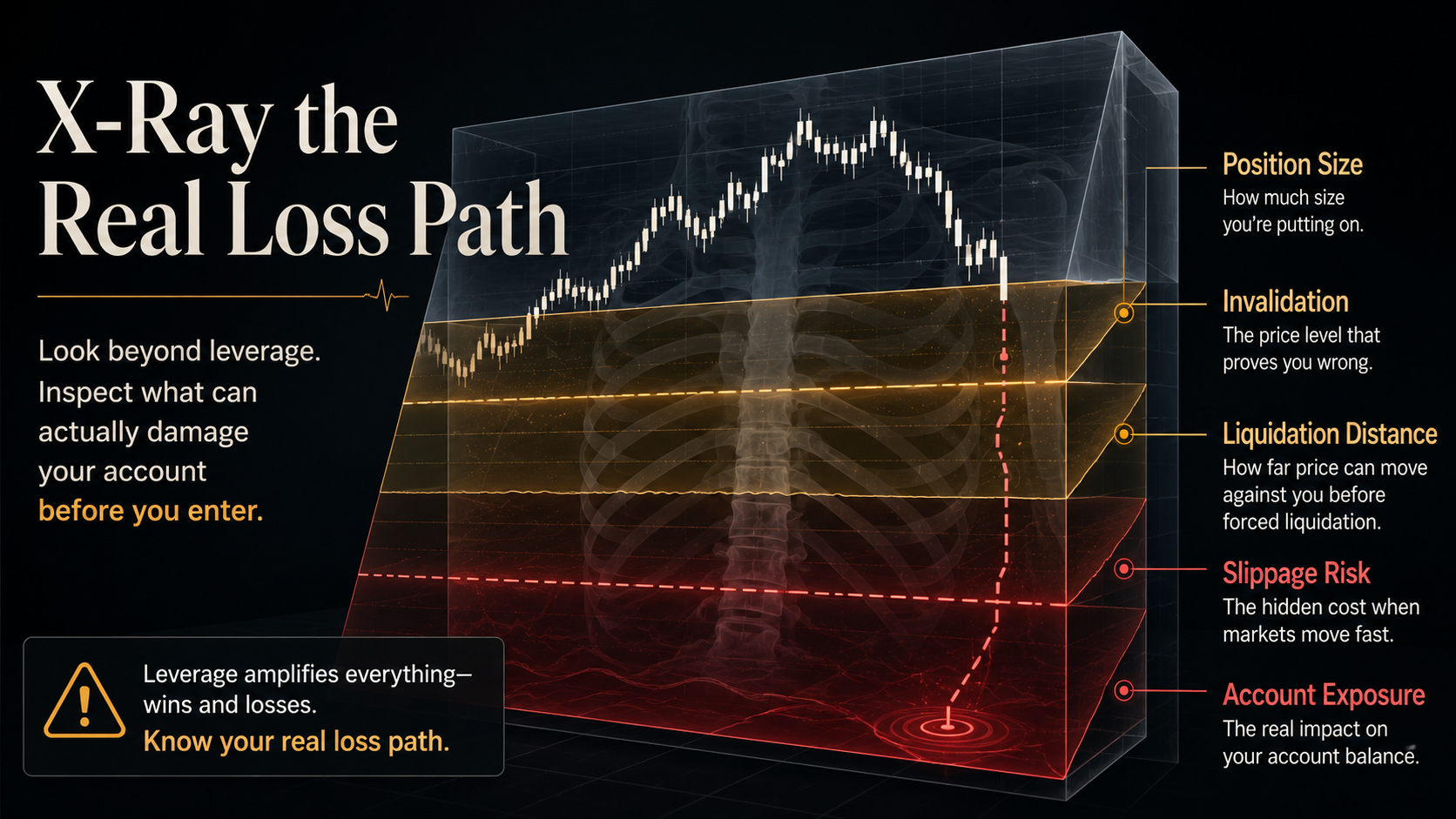X-Ray the Real Loss Path crypto leverage X-ray diagnostics image showing position size, liquidation distance, invalidation, slippage, and hidden loss path before entry.