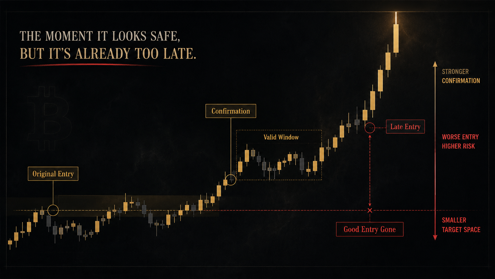 When a Crypto Scalping Entry Becomes Too Late Forensic crypto entry timeline showing the original decision area, momentum expansion and the point where a valid setup becomes a late no-click entry
