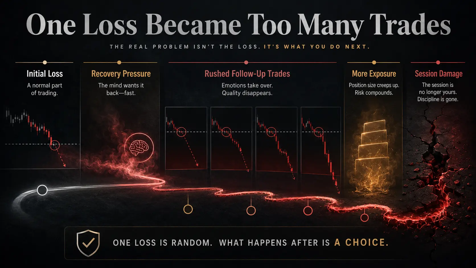 One Loss Became Too Many Trades Overtrading crypto diagram showing one loss turning into multiple rushed recovery trades and larger session risk.