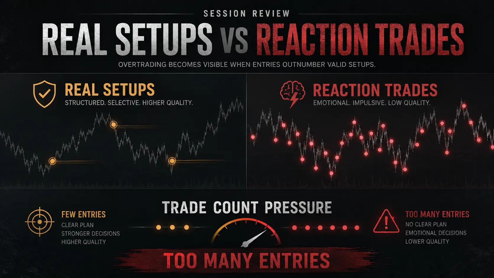 Real Setups vs Reaction Trades Overtrading crypto session review image comparing real setups with reaction trades and showing how excessive trade count reveals poor discipline.