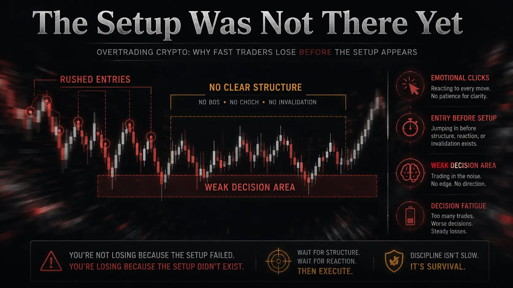 The Setup Was Not There Yet Overtrading crypto image showing multiple rushed entries before structure, invalidation, and a real setup appear.