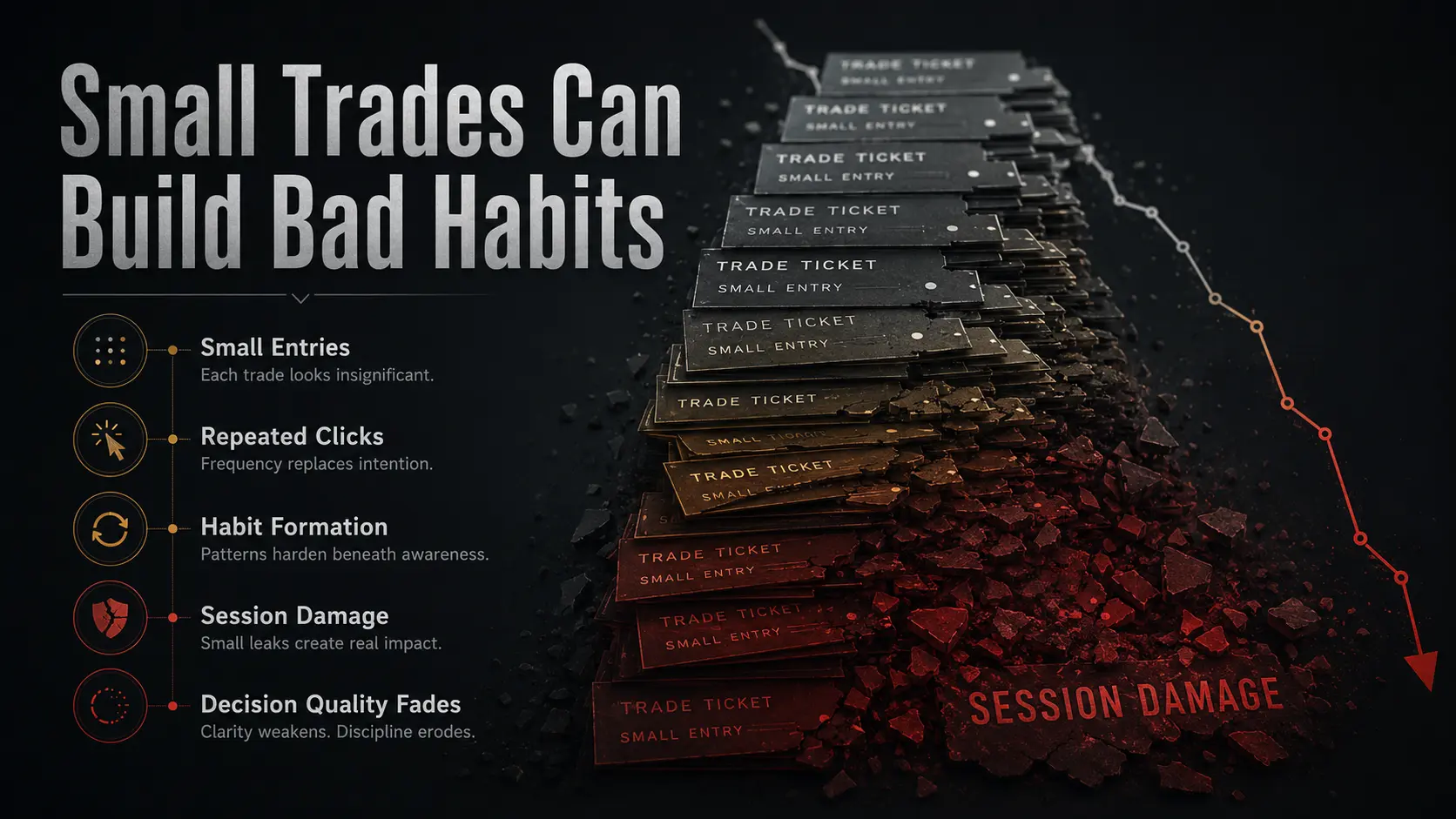 Small Trades Can Build Bad Habits Overtrading crypto image showing many small unnecessary trades building bad habits and increasing session damage.