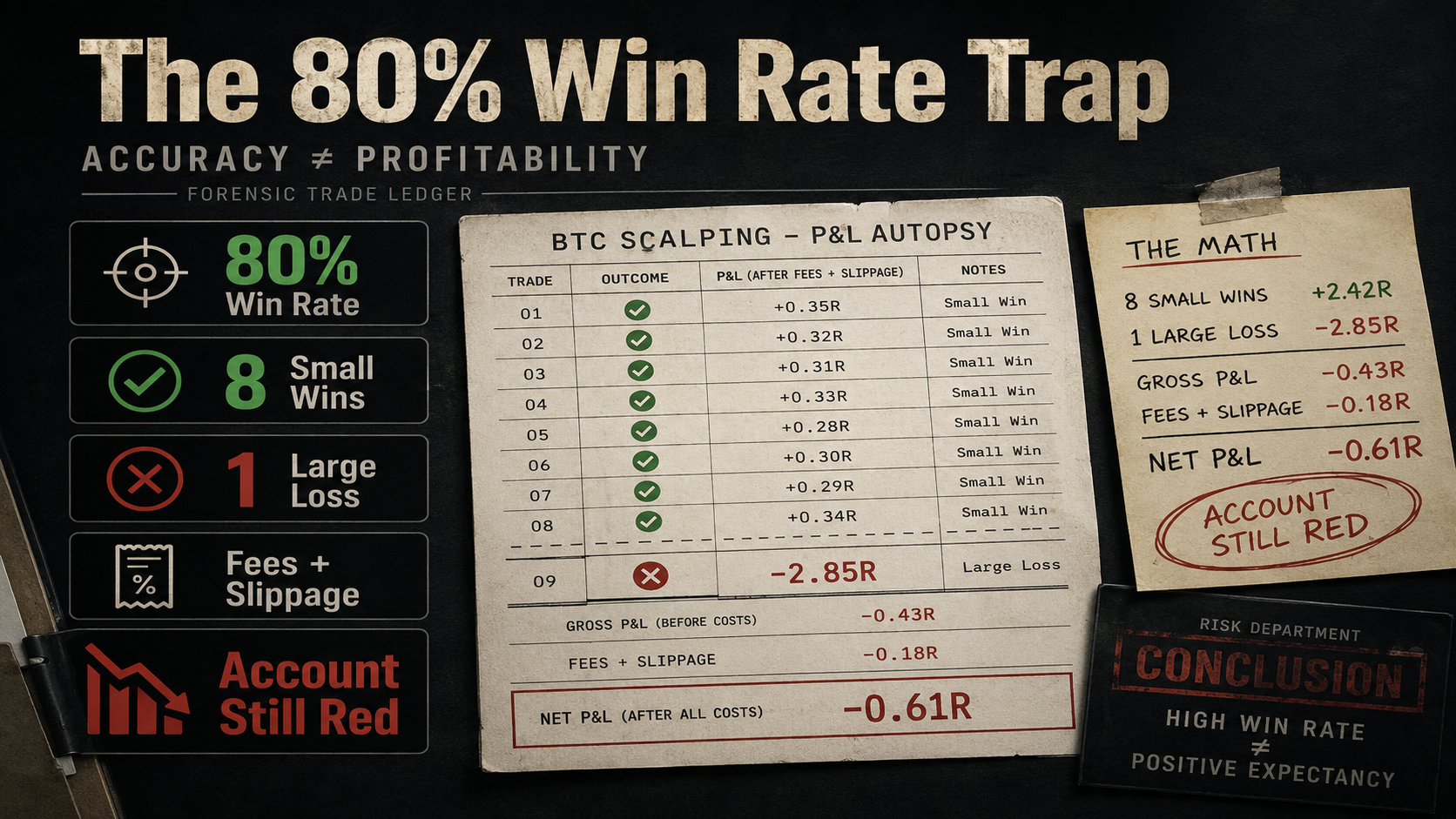 BTC scalping win rate image showing eight small wins erased by one large loss, fees, and slippage.
