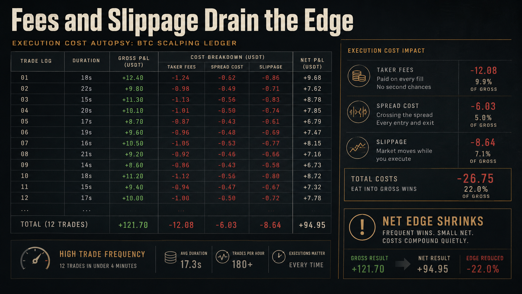 BTC scalping fees and slippage image showing small wins being consumed by exchange costs, spread, and bad fills.