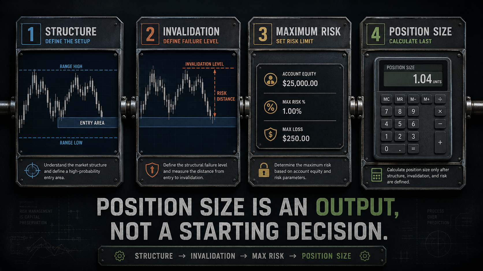 Four-stage crypto risk-control pipeline showing structure, invalidation, maximum account risk and position size in the correct order
