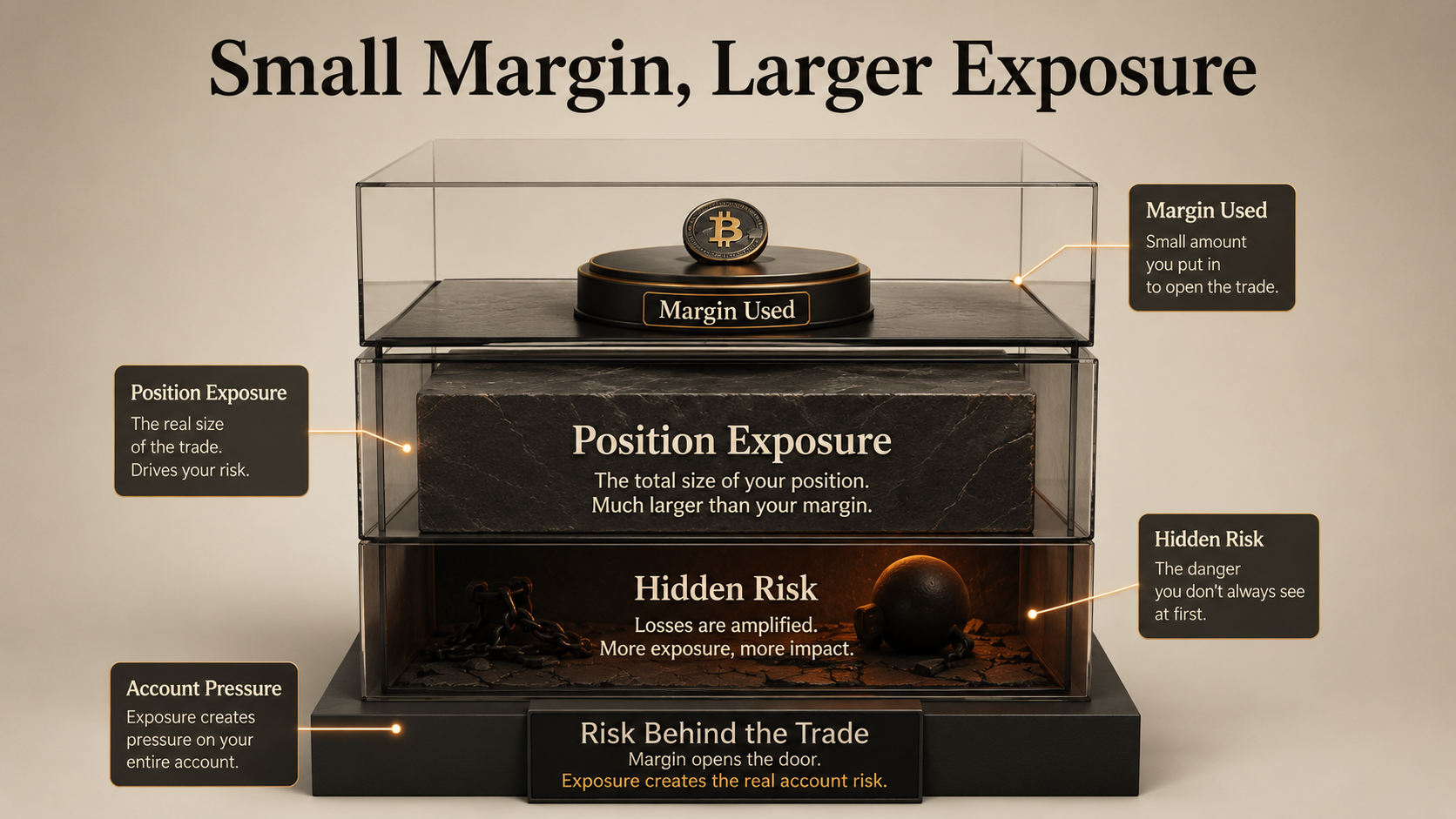 Crypto leverage trading image explaining that small margin can hide larger position exposure and account risk.