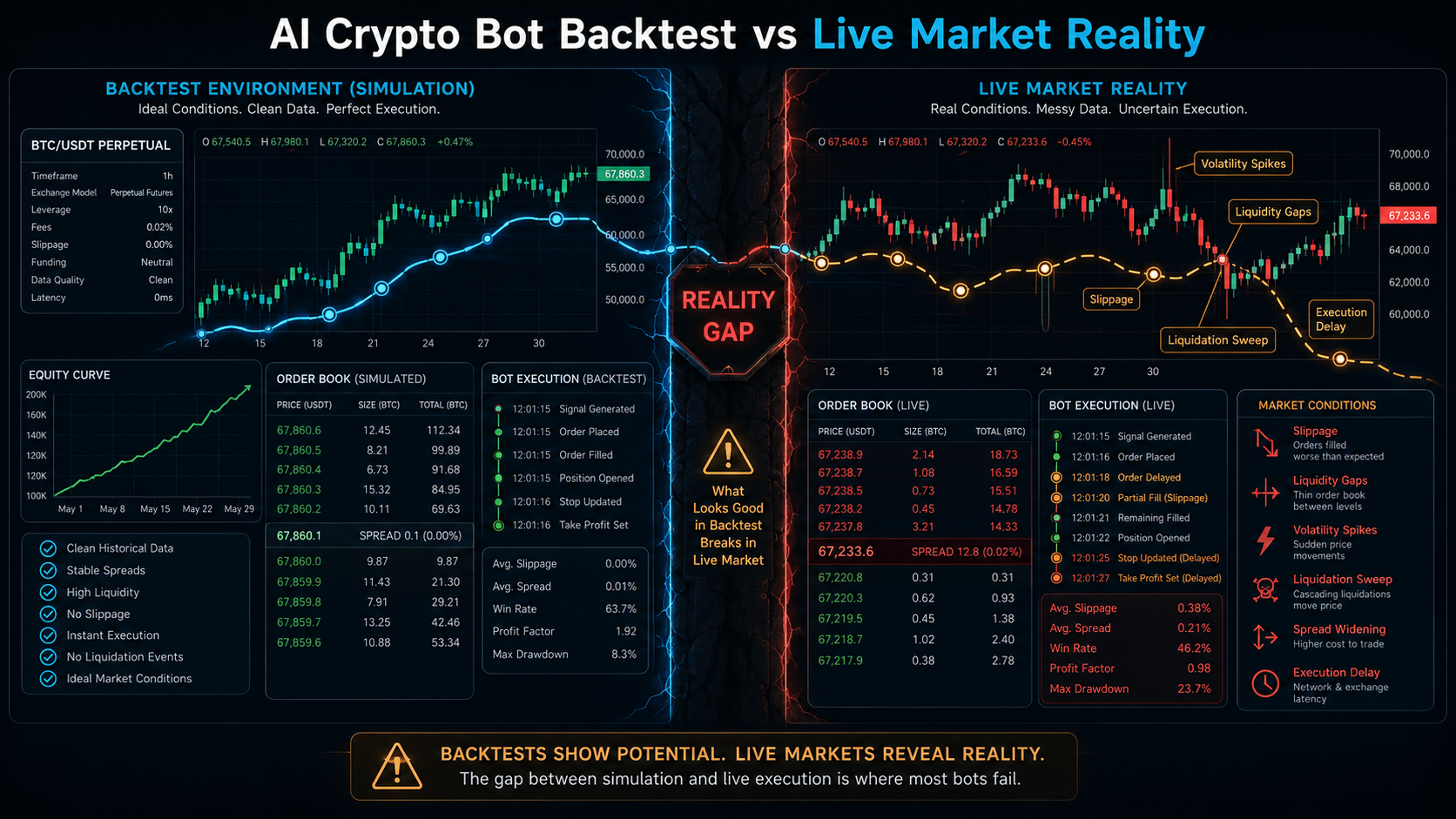 Hidden execution costs that break backtested crypto bots, including slippage, spread widening, liquidity impact, order delay, and partial fills