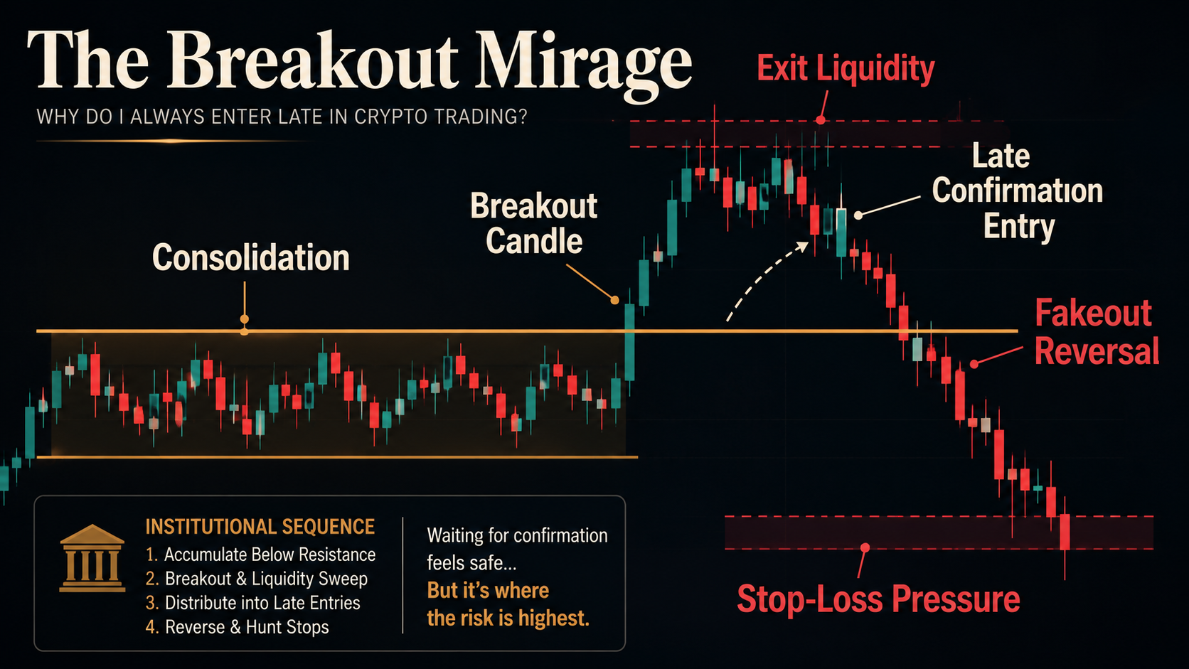 The Breakout Mirage Crypto breakout mirage image showing Bitcoin breaking resistance, late retail entry after candle close, fakeout, and reversal into stop-loss pressure.