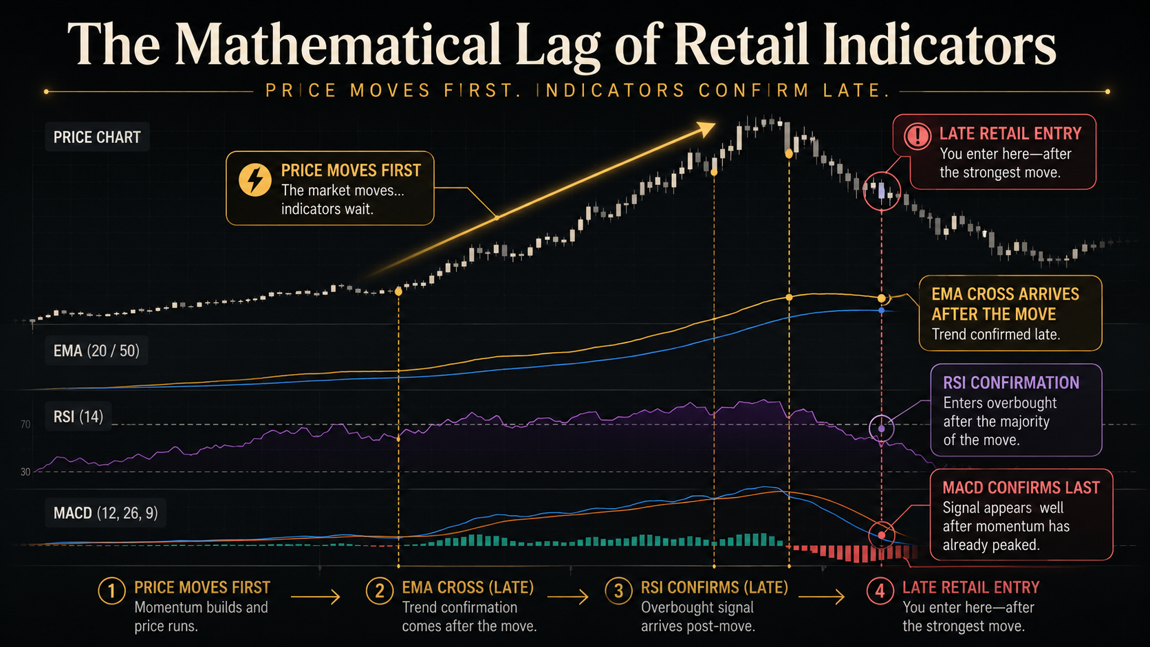 The Mathematical Lag of Retail Indicators Crypto trading image showing a late retail entry after moving averages and RSI confirm, while price has already moved and begins to reverse.