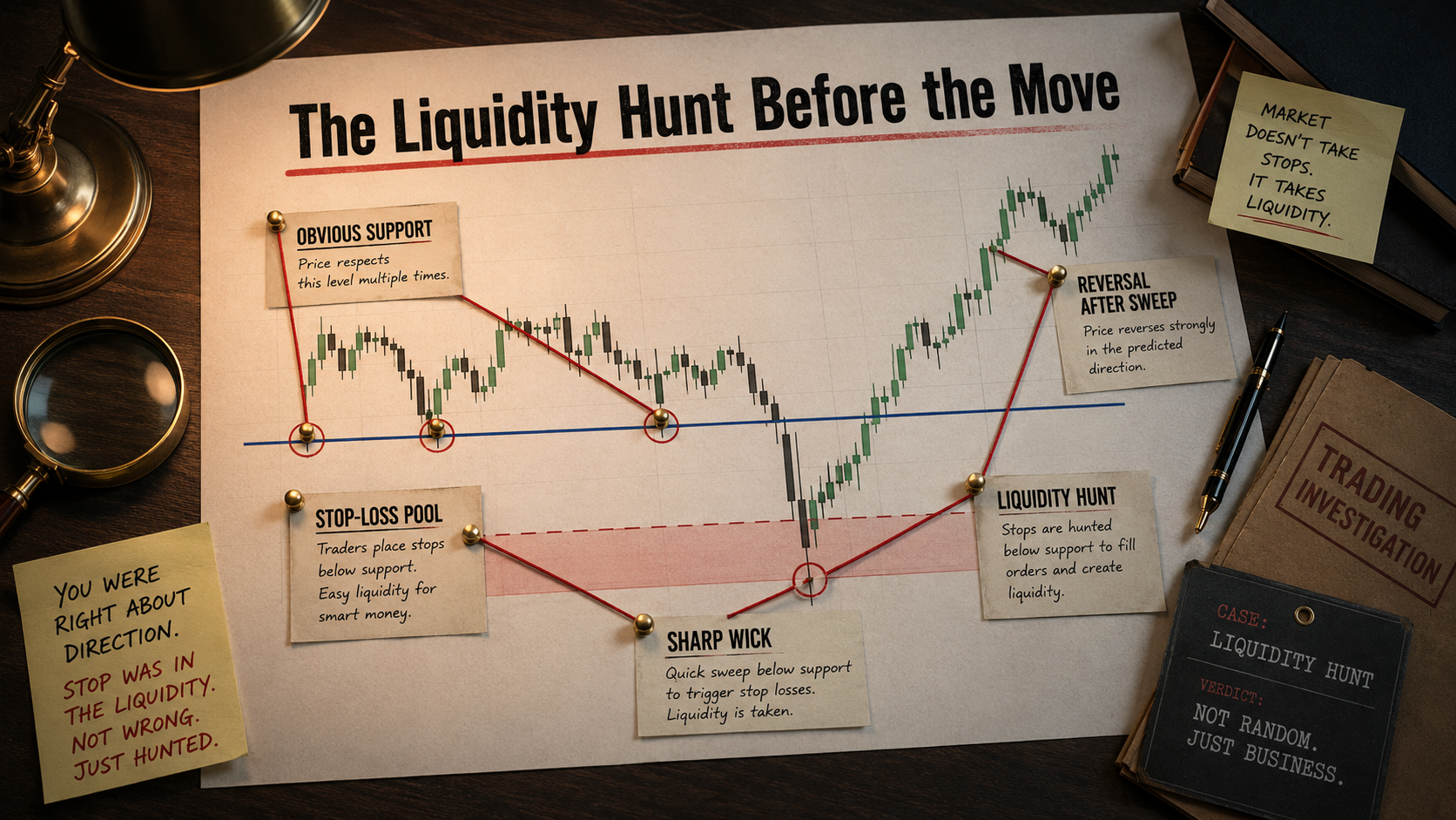 The Liquidity Hunt Before the Move Crypto trading image showing a sharp wick sweeping stop losses below support before price reverses in the predicted direction.
