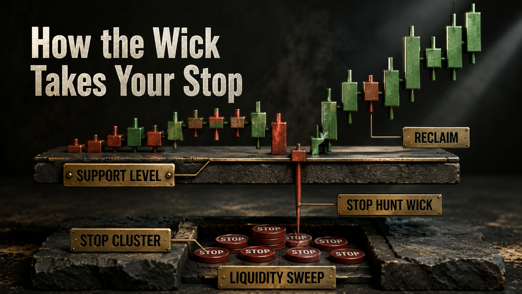 How Smart Money Manufactures the Wick Crypto stop hunt image showing retail stop loss orders below support being swept by a sharp wick before a powerful reversal upward.