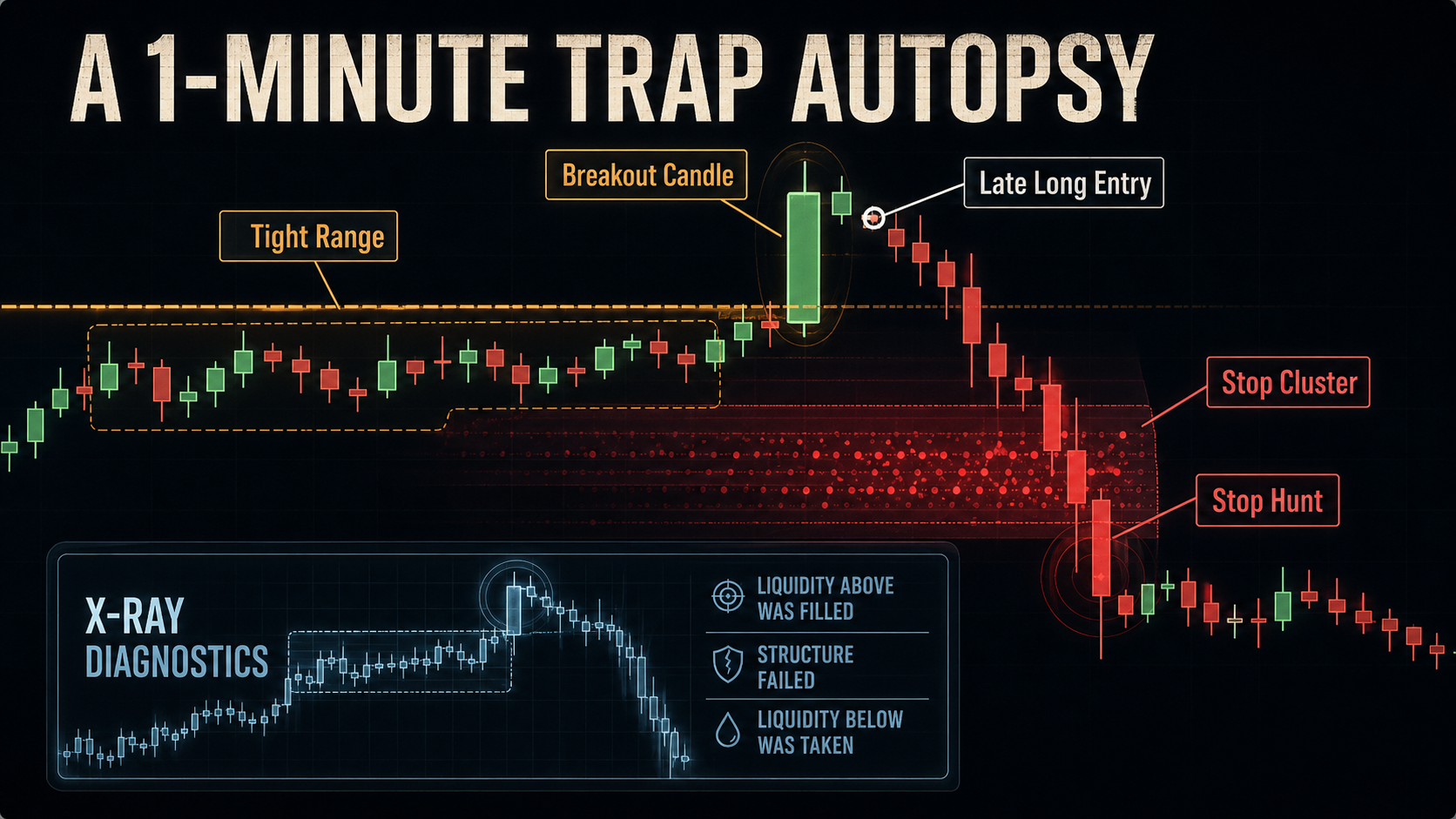 1-minute crypto chart autopsy showing a fake breakout, late long entry, stop-loss cluster, sharp reversal, and X-ray diagnostics of the trap.