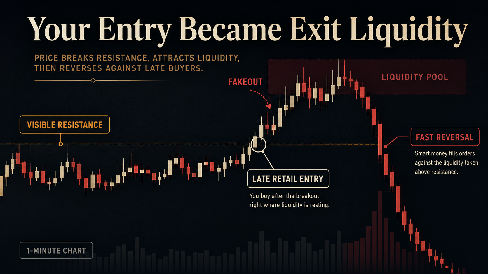Crypto trading image showing a late retail buy entry above resistance becoming trapped inside a liquidity pool before price reverses.