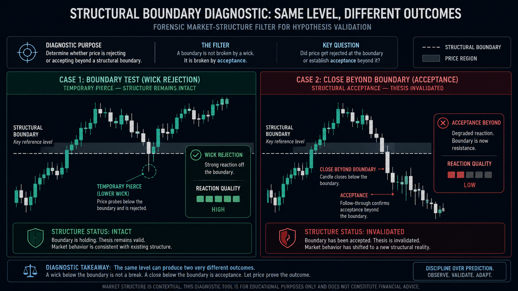 Wick vs Candle Close Invalidation Decision Filter Wick versus candle close invalidation decision filter showing boundary test, temporary pierce, structural acceptance and no-trade outcome